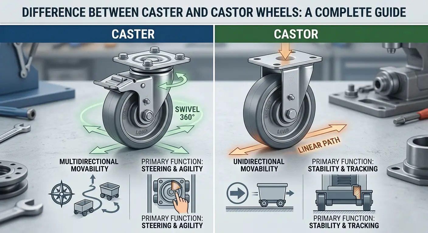 Comparison of caster and castor wheels showing swivel mobility, linear movement, industrial wheel design, and material handling applications