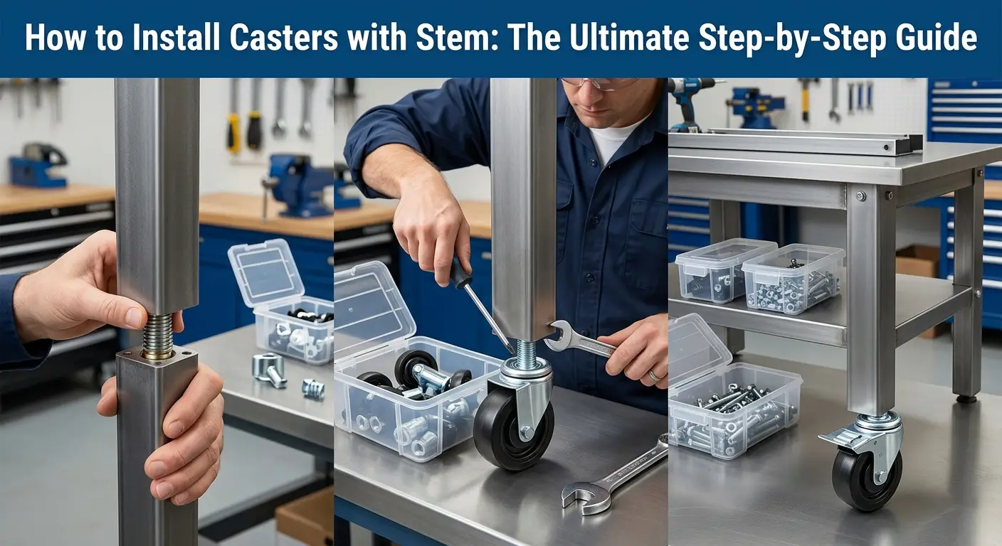 Step-by-step installation of stem casters on metal furniture legs using hand tools, threaded stem wheels, and industrial workstation setup