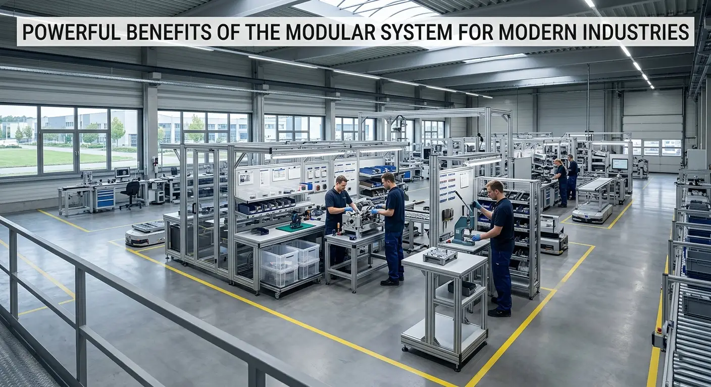 Modern industrial modular system assembly line with automation workstations, manufacturing equipment, and flexible production setup