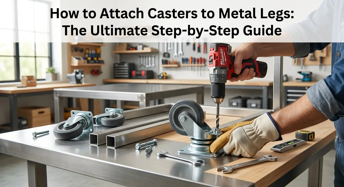 how-to-attach-casters-to-metal-legs Step-by-step caster wheel installation on metal table legs using power drill, mounting plate, and industrial hardware tools