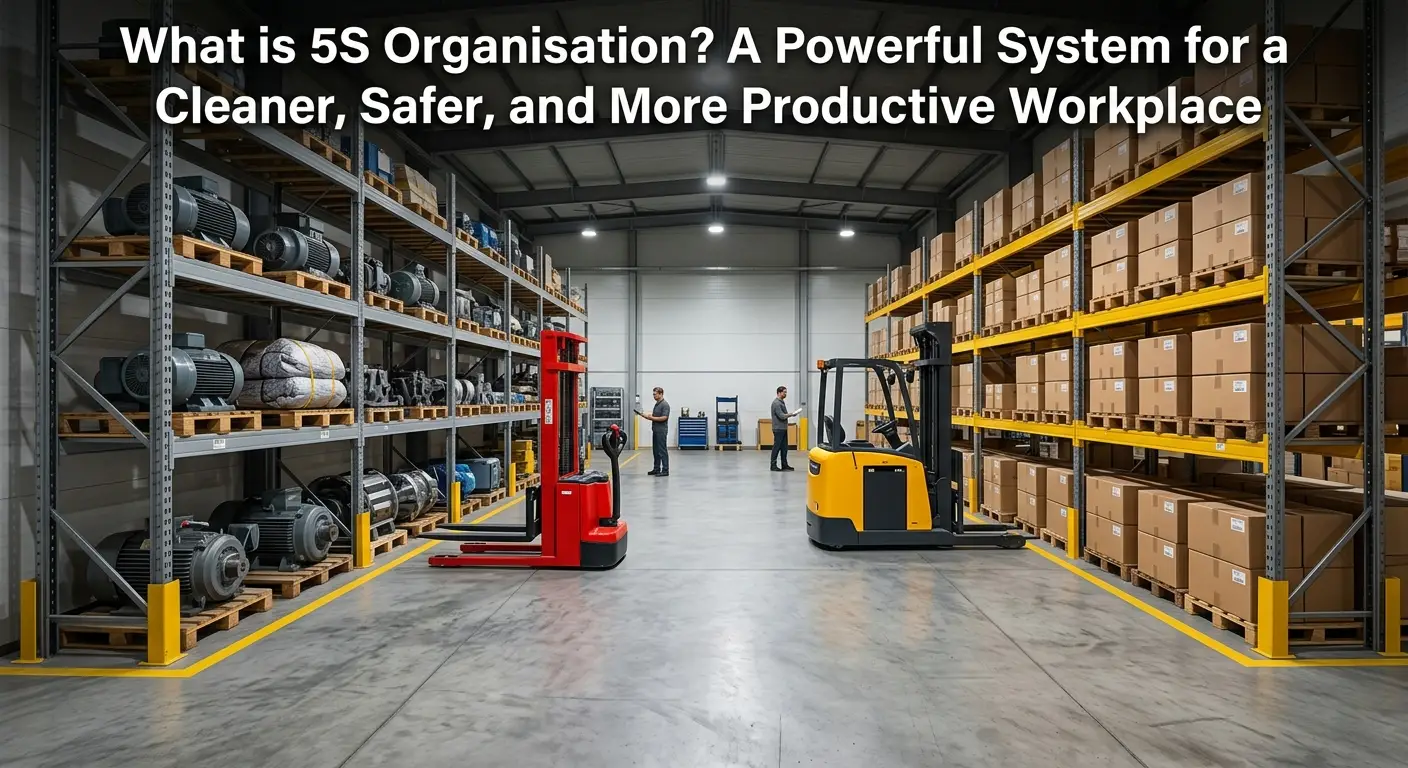 5S workplace organization system in a warehouse with clean storage layout, safety markings, forklifts, and optimized inventory management