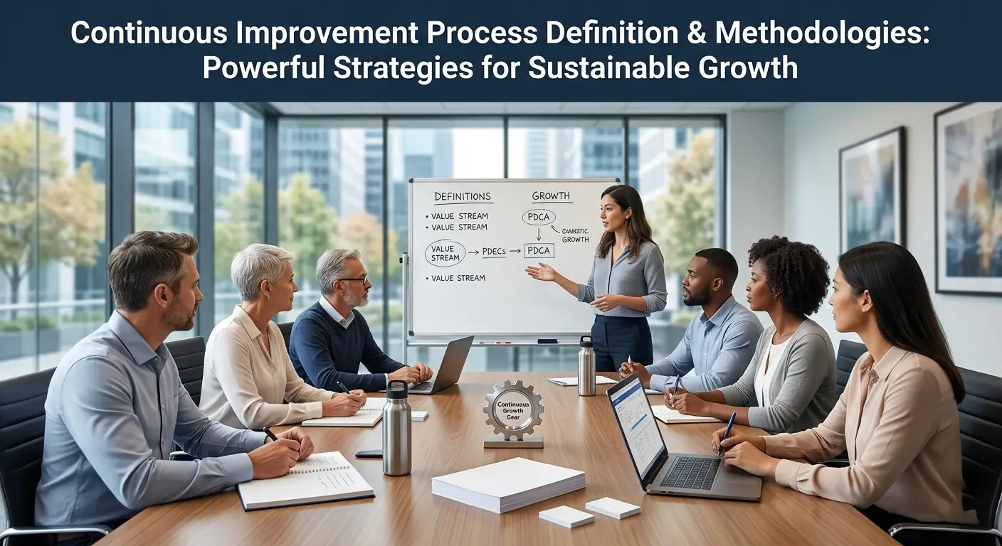 Continuous improvement strategy meeting with business team discussing process optimization, workflow methodologies, and sustainable organizational growth