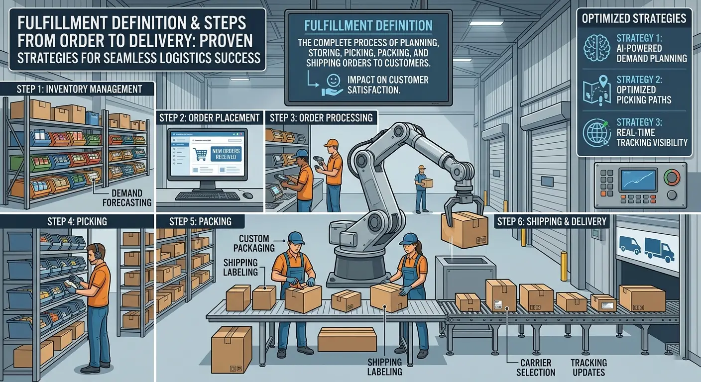 Order fulfillment process workflow showing inventory management, order processing, picking, packing, shipping, and delivery operations in a smart warehouse