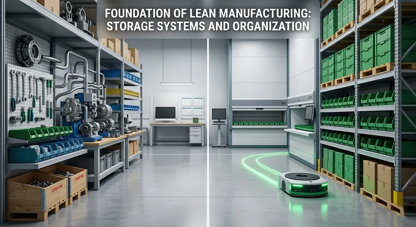Lean manufacturing storage system with organized industrial shelving, smart warehouse automation, inventory bins, and factory workspace layout