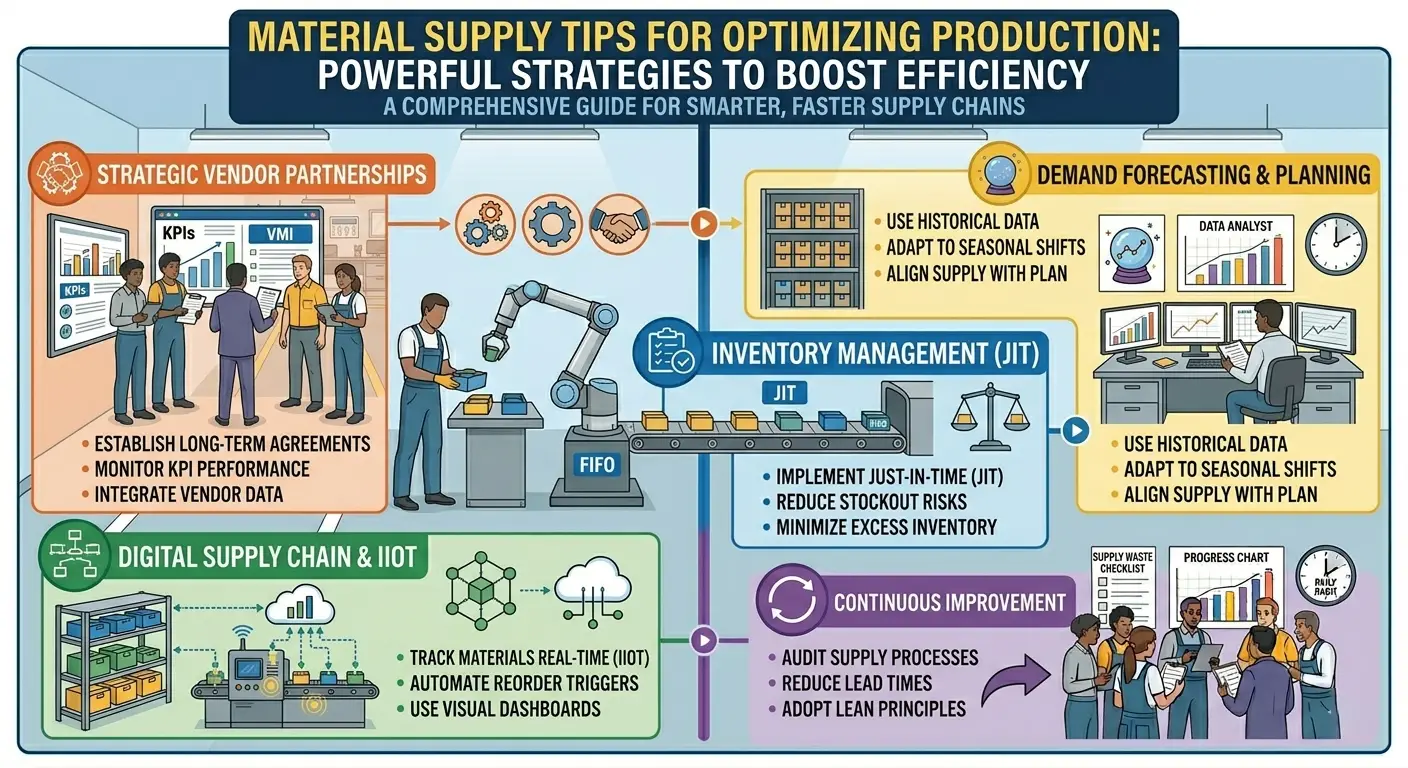 Material supply optimization strategies with inventory management, demand forecasting, supplier partnerships, and smart manufacturing workflow