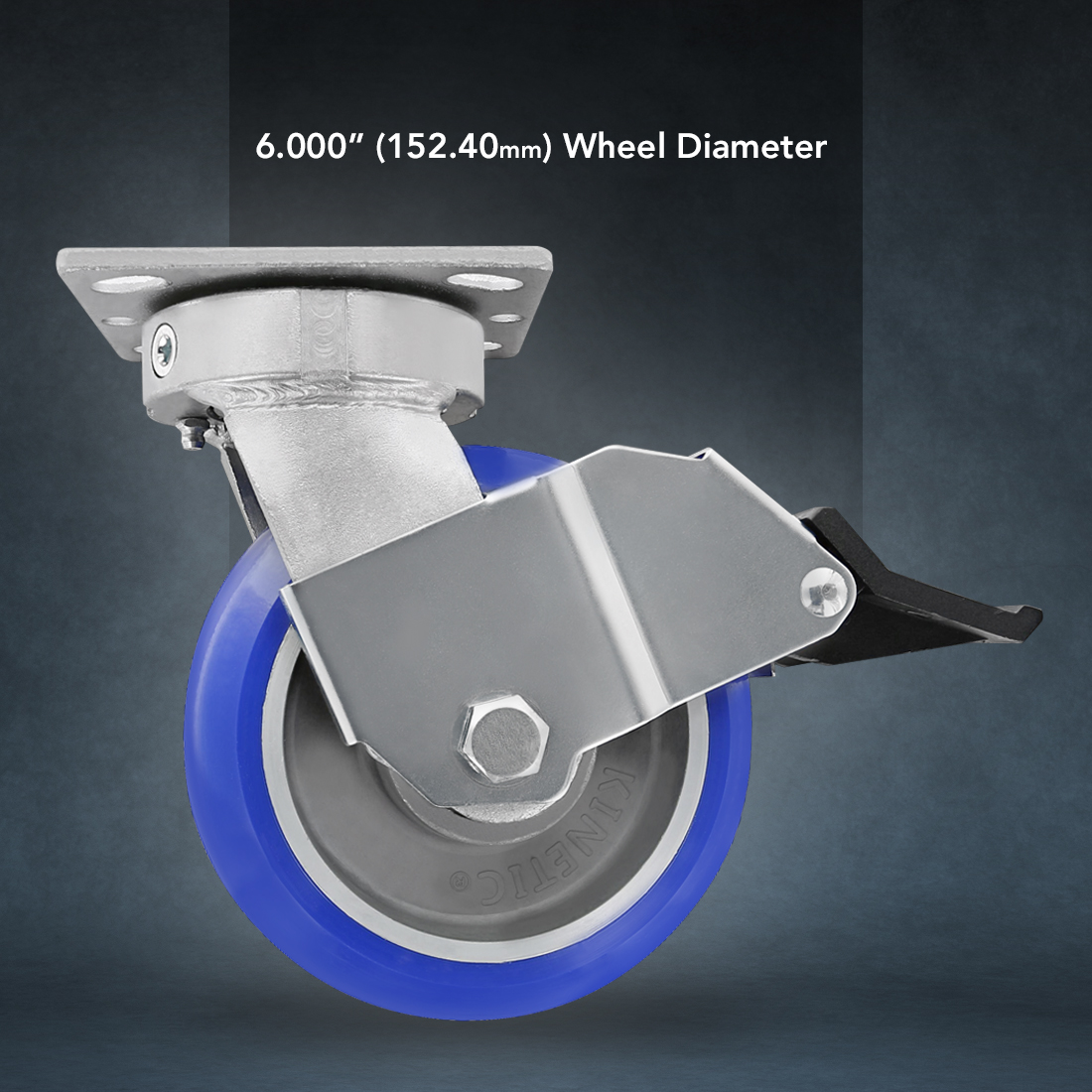 6" HD FLANGE MOUNT CASTER, SWIVEL W/ BRAKE,BLUE POLY WHEEL, 1500# CAPACITY