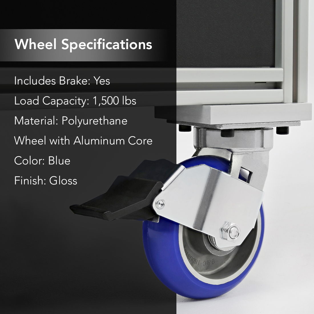 6" HD FLANGE MOUNT CASTER, SWIVEL W/ BRAKE,BLUE POLY WHEEL, 1500# CAPACITY