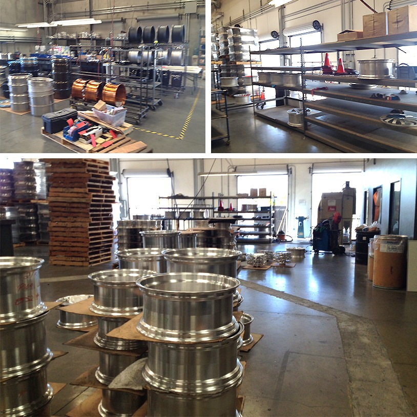 Parts scattered across steel racking before the redesign.