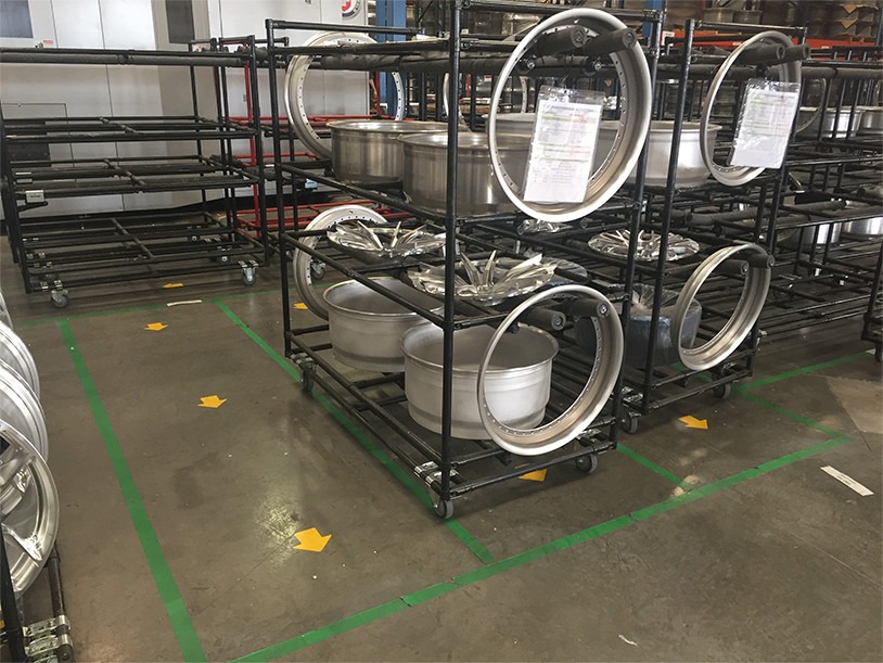 A set-based FIFO flow cart keeps a wheel set together.