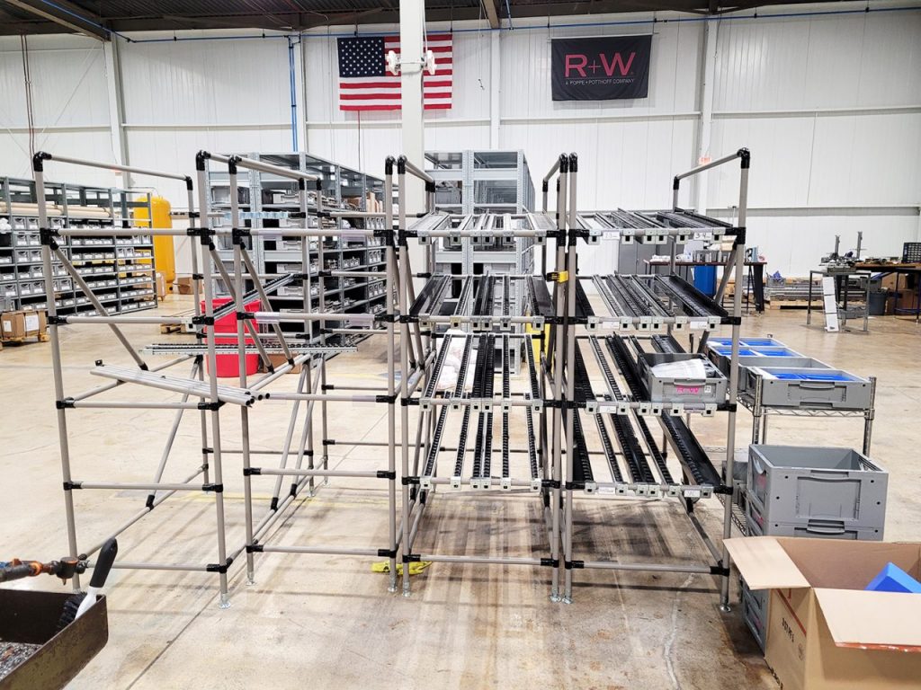 Modular pipe racking and flow-rack storage system built with the Flexpipe pipe and joint system