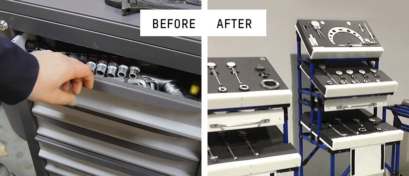 Open tool presentation replaced closed metal cabinets.